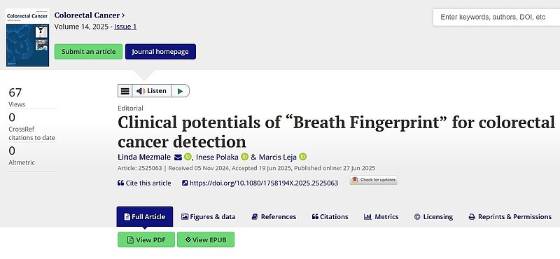 Žurnālā “Colorectal cancer” publicēts LU KPMI pētnieku raksts “Clinical potentials of “Breath Fingerprint” for colorectal cancer detection”
